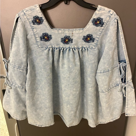 Embroidered POL Denim Blue Women's Peasant Embroidered Top M - Picture 2 of 11